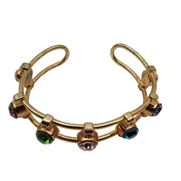 Modernist Crystal Wire Cuff Bracelet Multi Color Faux Gem Boho Bangle Open Work - Picture 8 of 8